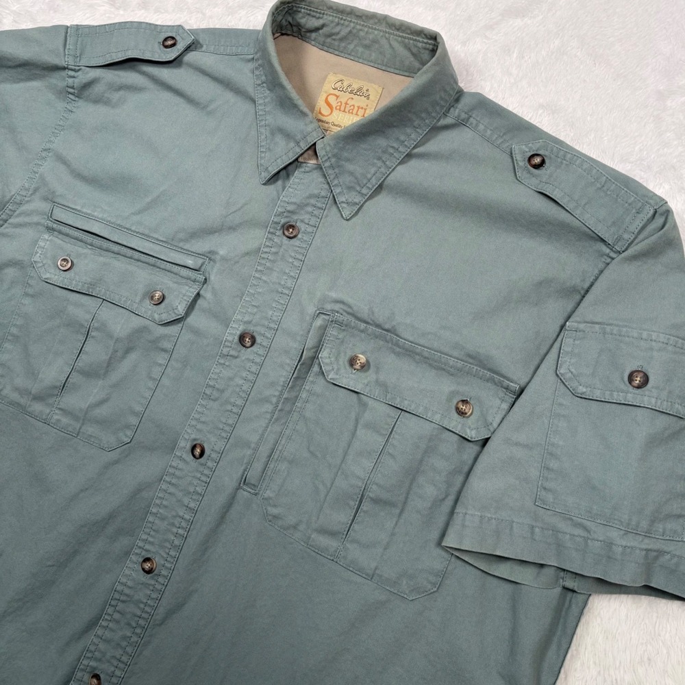 VTG 90s Cabelas Safari Shirt Mens L Green Short Sleeve Tactical Heavyweight